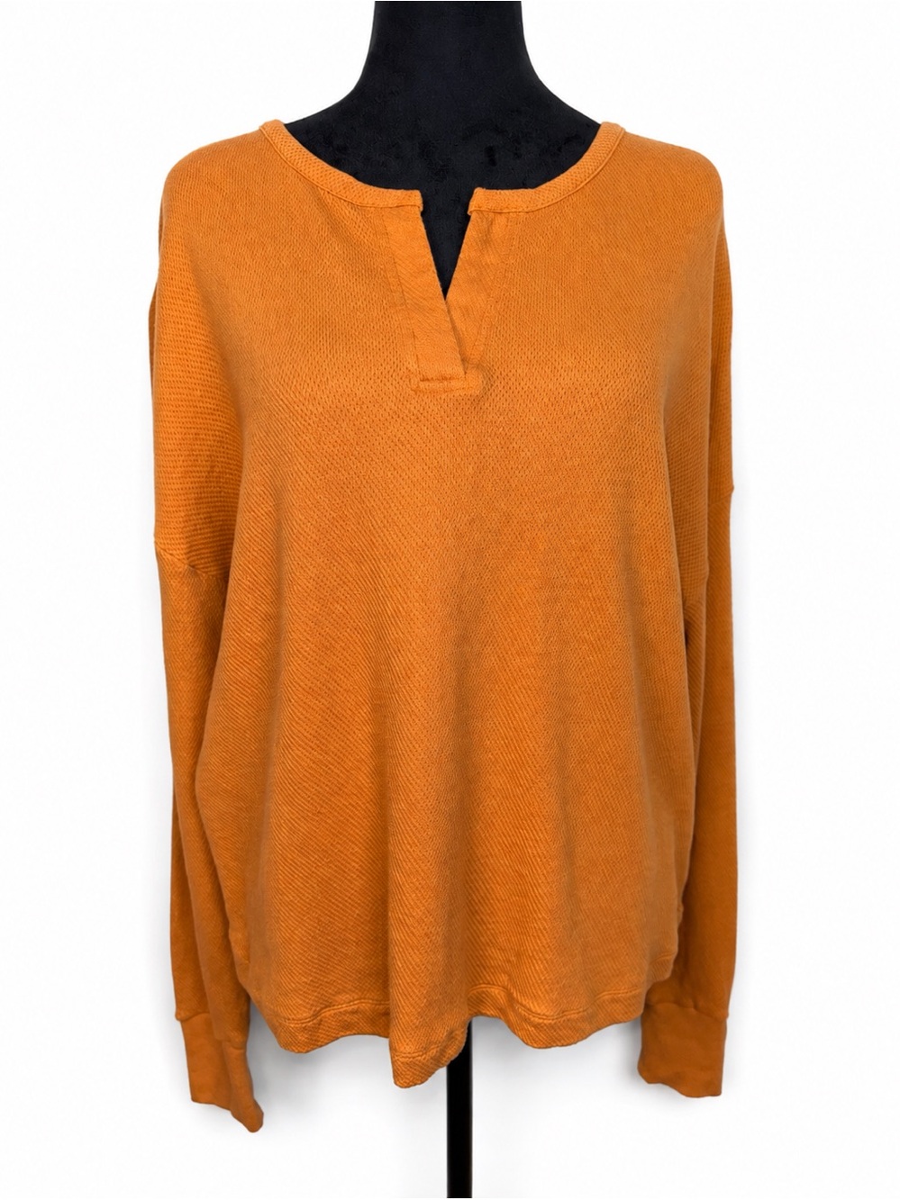 CAbi Women’s Large Orange Waffle Knit Split Neck Long Sleeve Top Style 4369